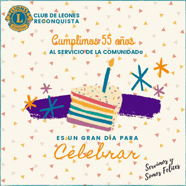 a lion 's club greeting card with a slice of cake and a candle