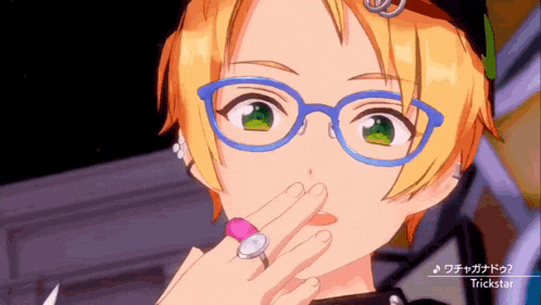 a cartoon character with glasses and a ring on his finger
