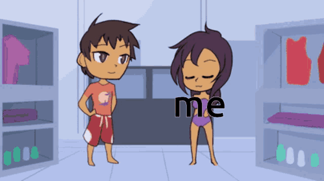 a cartoon of a boy and a girl standing next to each other with the girl holding a sign that says me