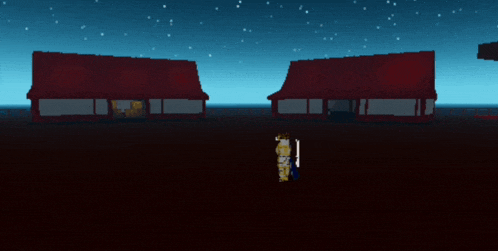 a cartoon character stands in front of a red building