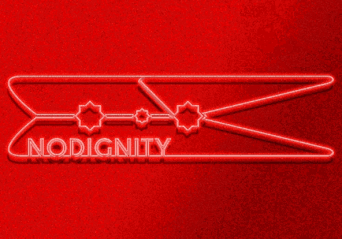 a woman walking down a hallway with a sign that says nodignity