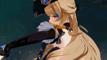a girl with long blonde hair is wearing a blue hat and gloves
