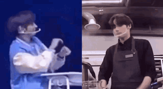 a man wearing an apron is standing next to another man wearing a mask .