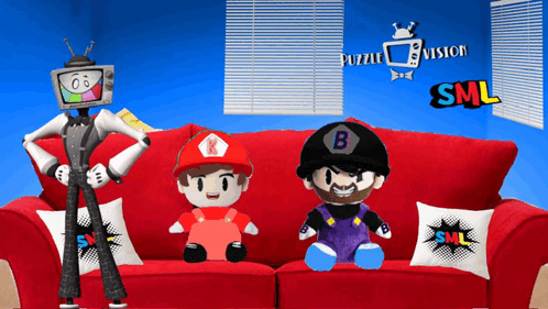 three stuffed cartoon characters sitting on a red couch with puzzle vision sml written on the wall behind them
