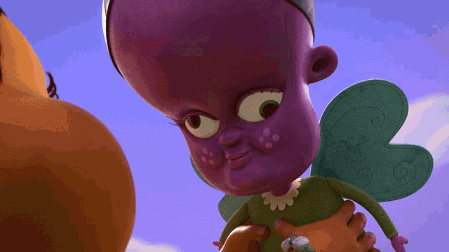 a cartoon character with a big head and wings