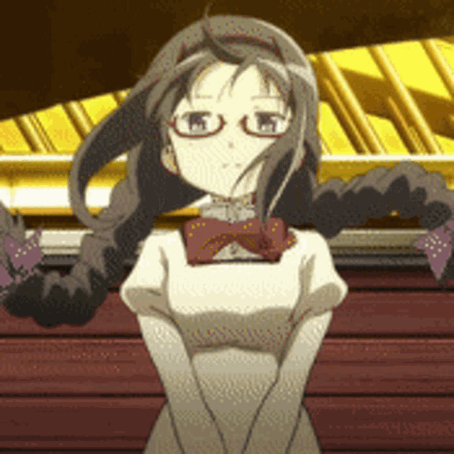 a girl with glasses and a bow tie is standing in front of a piano
