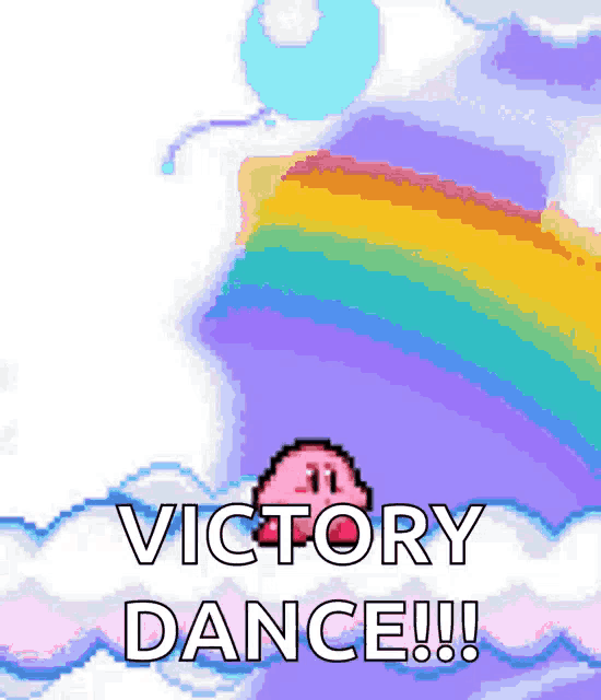 a pixel art image of kirby with the words " victory dance "