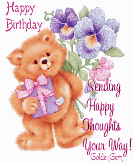a happy birthday card with a teddy bear holding a gift box