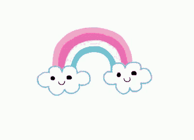 a drawing of a rainbow and two clouds with faces