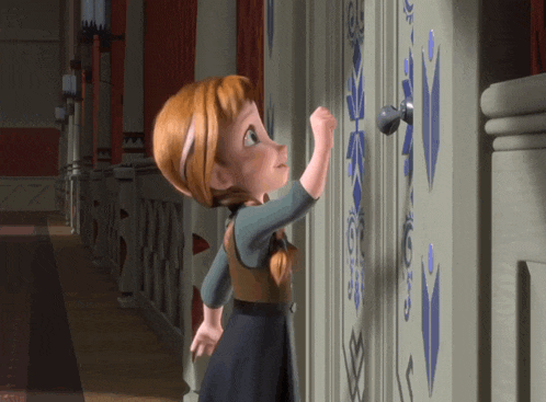 a cartoon character is looking at a door with a snowflake design on it