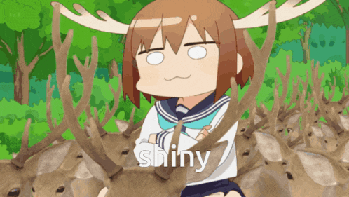 a girl with antlers is sitting on a herd of deer and the word shiny is on the bottom