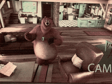 a cartoon bear is standing in a living room with the word cam on the bottom