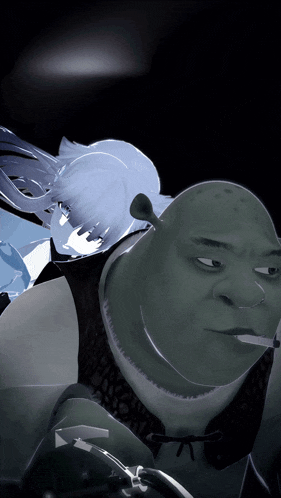 shrek smoking a cigarette next to a girl with long hair