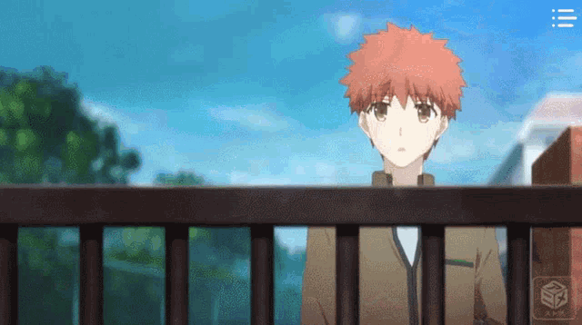 a boy is standing behind a fence with a cube in the background