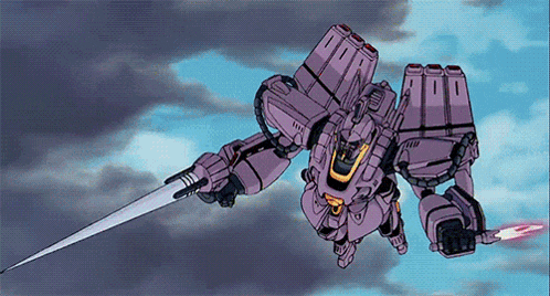 a robot is flying in the sky with a sword in its hand