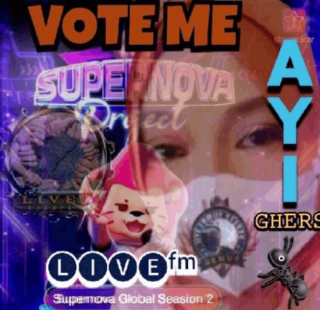 a poster with a woman wearing a mask and the words `` vote me a y '' on it .