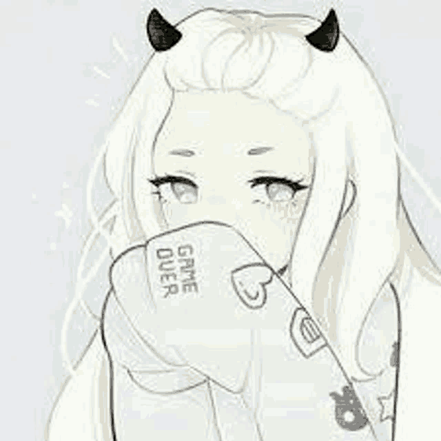 a girl with horns on her head is wearing a white hoodie .