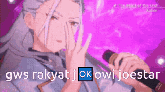 a man singing into a microphone with gws rakyat j ok owi joestar in blue