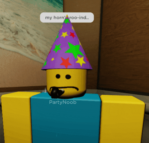 a cartoon character wearing a party hat says my horn ' roo-ind