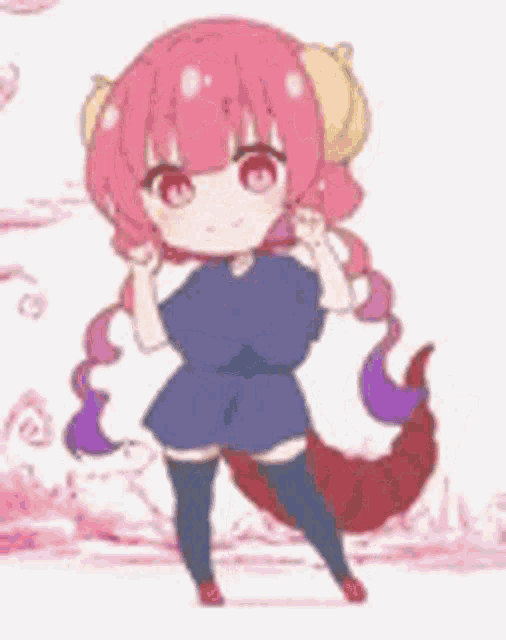 a little girl with pink hair and a purple tail is standing next to a dragon .