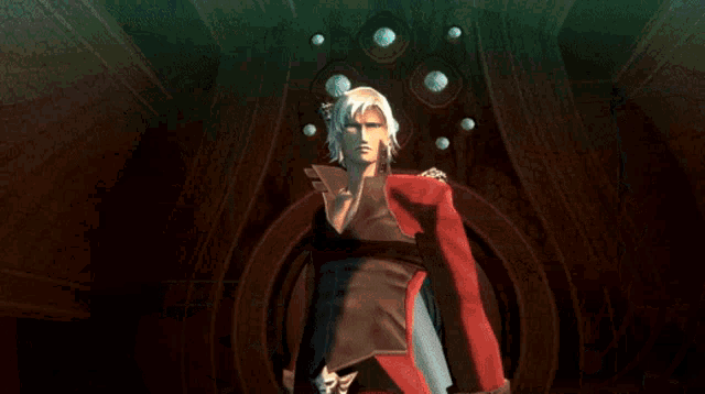 a man with white hair is holding a sword and has the word dante written on his chest