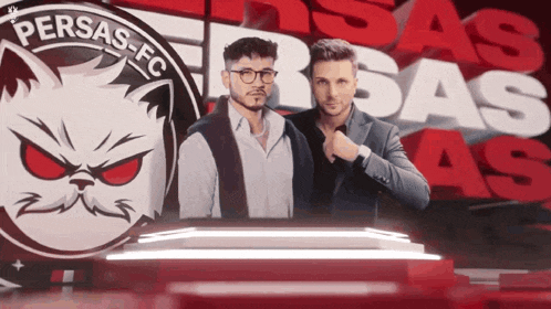 two men stand in front of a persas logo