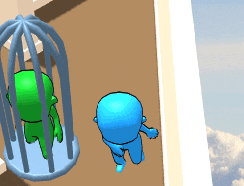 a green cartoon character is in a cage and a blue cartoon character is running away