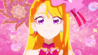 a cartoon girl with long blonde hair and purple eyes is wearing a pink dress and a pink bow .