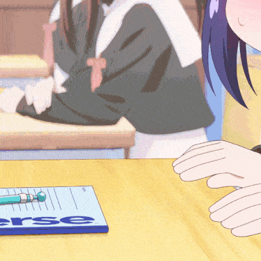 a drawing of a girl sitting at a desk with a notepad that says ' rse ' on it