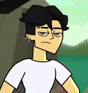 a cartoon character with black hair and earrings is wearing a white shirt and looking at the camera .