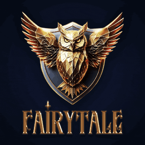 a gold owl on a blue shield with the word fairytale below it