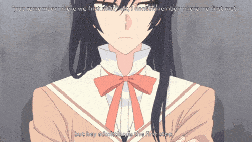 a girl in a school uniform with a red bow tie says " you remember where we first met "