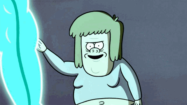 a cartoon character with a big belly and a blue light behind him