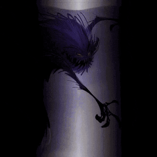 a drawing of a purple monster with yellow eyes and sharp claws