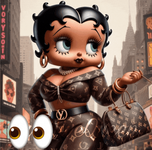 betty boop is wearing a louis vuitton purse and earrings