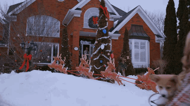a house with a christmas tree and reindeer sleigh in front of it