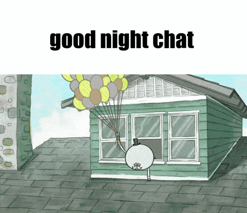a cartoon of a house with a satellite dish holding balloons and the words good night chat below it