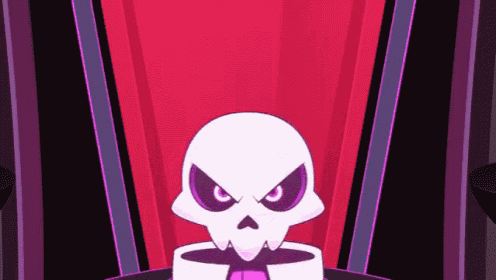 a cartoon skull in a suit and tie is sitting in a chair in front of a red curtain .