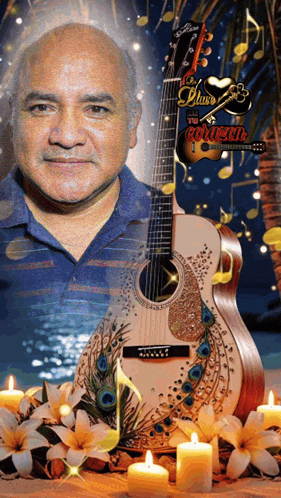 a man is standing next to a guitar that says ' blues the gonzales ' on it