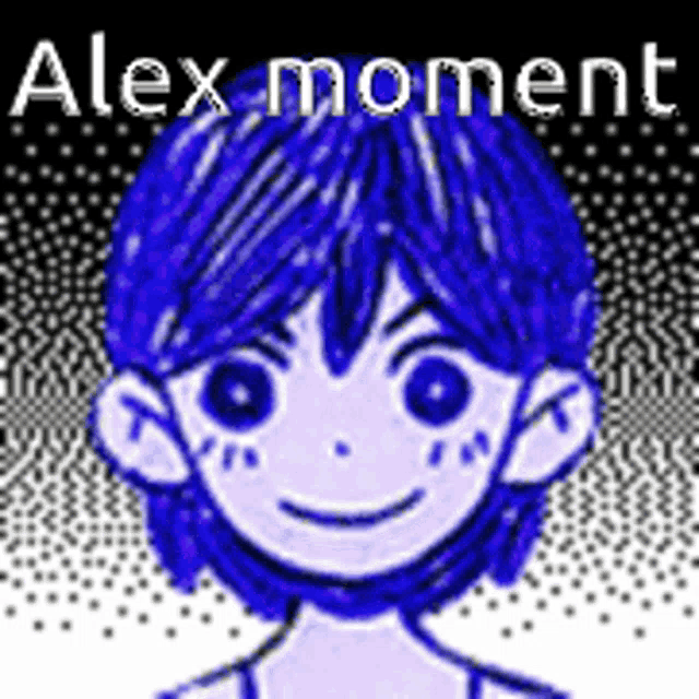 a drawing of a boy with blue hair and the words `` alex moment '' written above him .