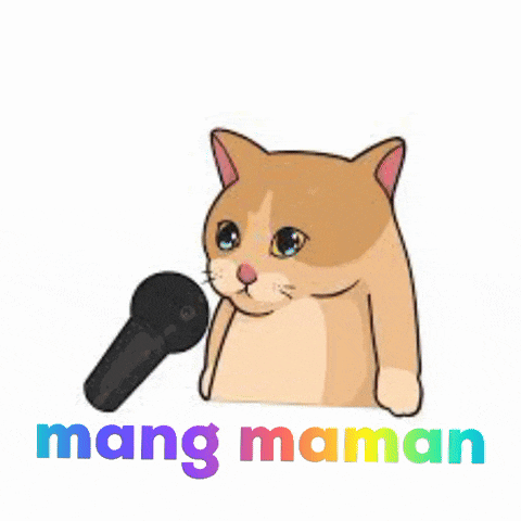 a cartoon cat is holding a microphone with the words mang maman written on the bottom