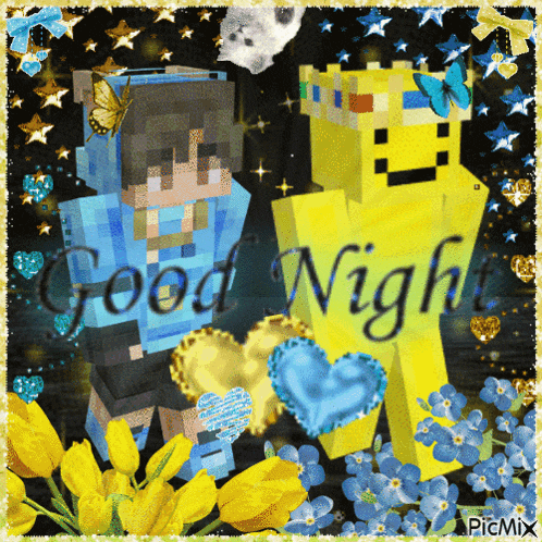 a picture of a boy and a yellow monster with the words good night written on it