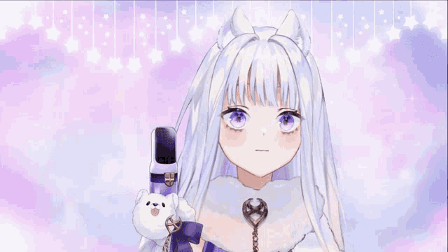 a girl with white hair and purple eyes holds a stuffed animal