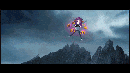 a girl with purple hair is flying through the air