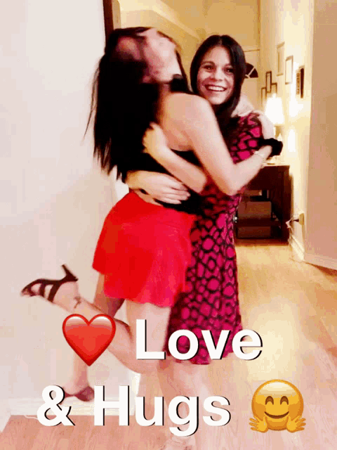 a picture of two women hugging with the words love and hugs above them