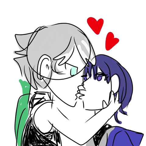 a drawing of a boy and girl holding hands with a red heart above them
