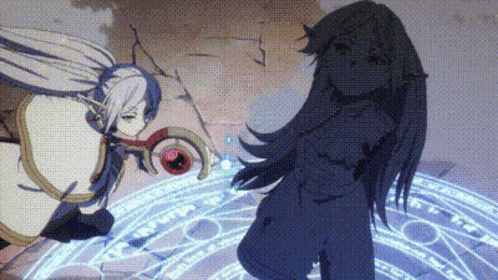 a couple of anime characters standing next to each other in a circle