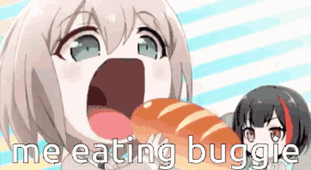 a cartoon girl is eating a loaf of bread