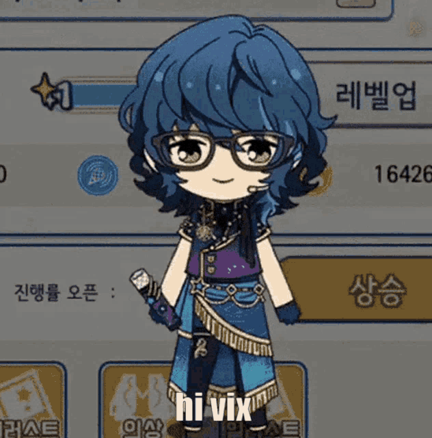 a cartoon character with blue hair and glasses is holding a lollipop and says hi vix