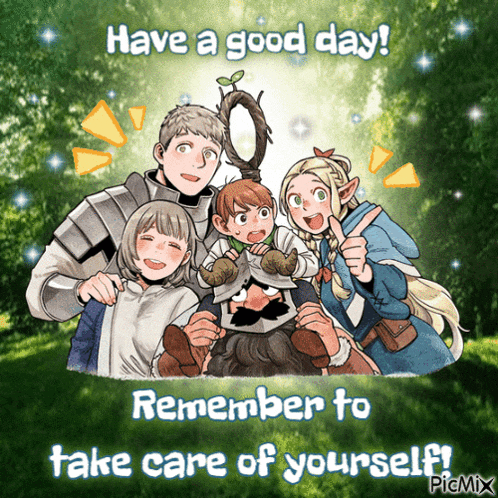 a picture of a family with the words have a good day remember to take care of yourself at the bottom